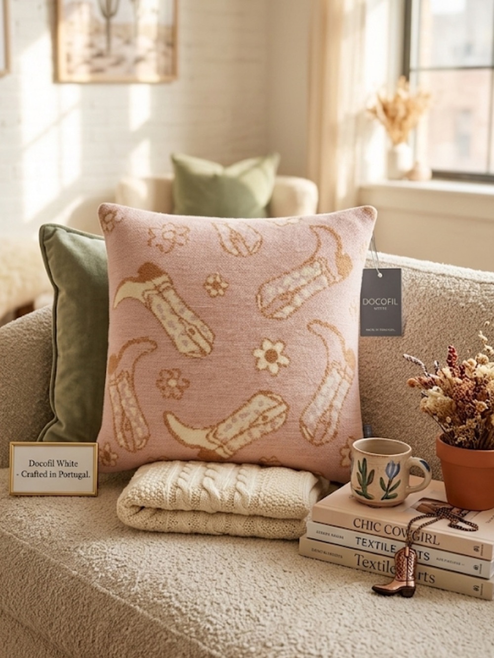 Docofil Pink Western Boot Daisy Accent Pillow Made in Portugal Coastal Cowgirl